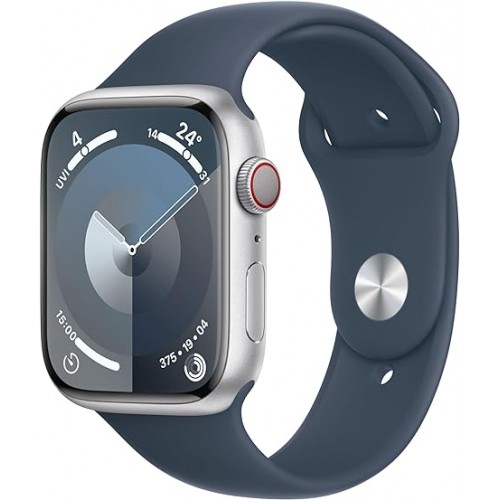 Apple Watch Series 9 [GPS + Cellular 45mm] Smartwatch with Silver Aluminum Case with Storm Blue Sport Band M/L. Fitness Tracker, Blood Oxygen & ECG Apps, Always-On Retina Display, Water Resistant