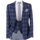 Men’s Check Slim Fit Dark Blue Suit Formal Wedding Business 3 Piece Set, Dark Blue