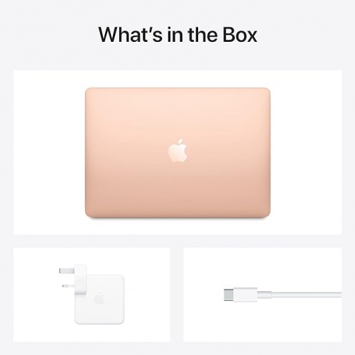 لابتوب Apple MacBook Air موديل 2020: شريحة Apple M1، وشاشة Retina مقاس 13 إنش، وذاكرة RAM سعة 8GB، وقرص SSD سعة 256GB، ولوحة مفاتيح بإضاءة خلفية. يعمل مع iPhone وiPad؛ بلون ذهبي;