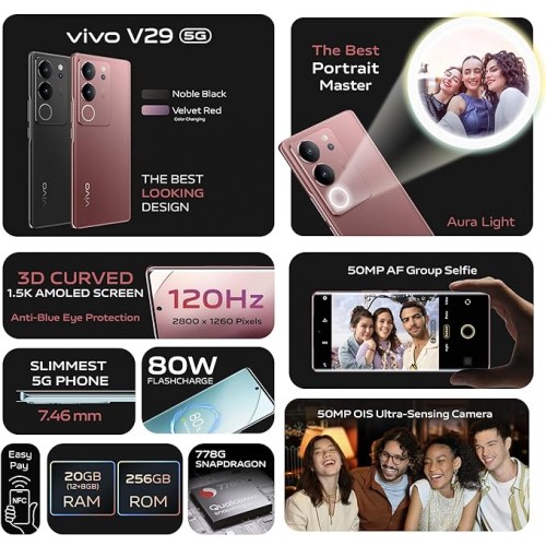 vivo V29 5G (Velvet Red, 12GB+8GB RAM, 256GB) | Slimmest 3D Curved 1.5K AMOLED 120Hz Display | 50MP AF Group Selfie | Aura Light OIS | Online Exclusive Bundle, 24M Warranty & 6M Screen Replacement